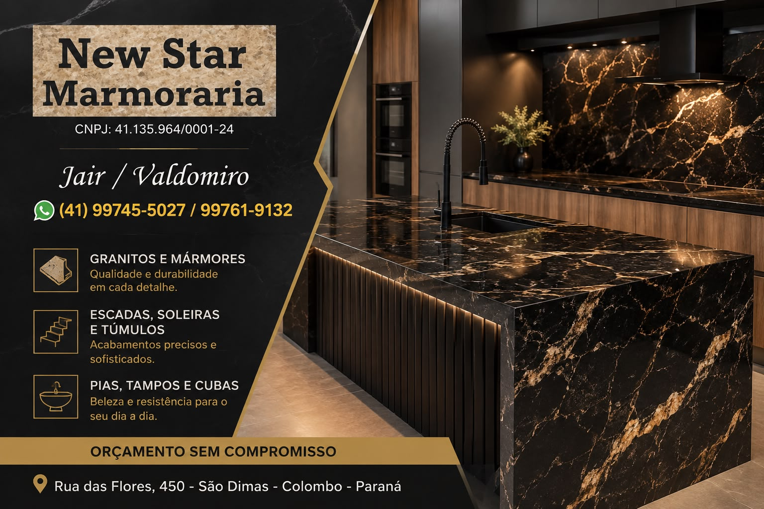 New Star Marmoraria — cozinha em mármore preto com veios dourados